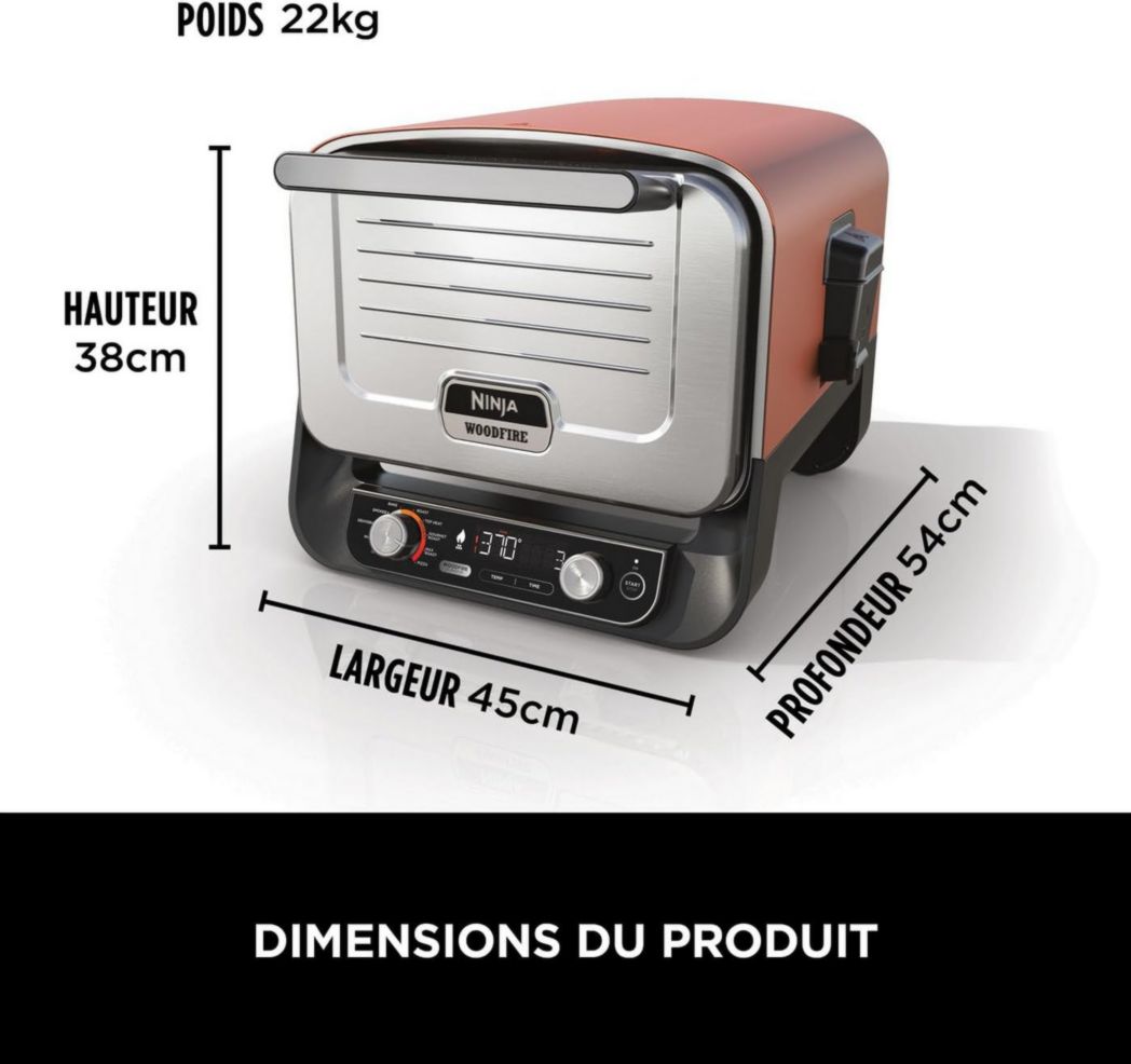 Four à pizza électrique d'extérieur Ninja Woodfire 8 en 1, rôtissoire et fumoir barbecue avec grille, plaque Pro-Heat, pierre à pizza, granulés de bois et pelle, 6 réglages, orange foncé OO101EU