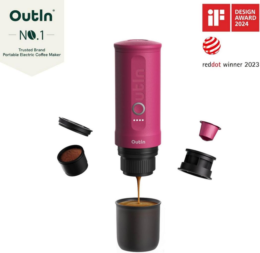 OutIn Nano Mini Machine à expresso portable à piles avec auto-chauffage en 3-4 minutes, petite cafetière de voiture 20 bars 12 V 24 V avec étui de transport, capsules NS (bleu sarcelle)