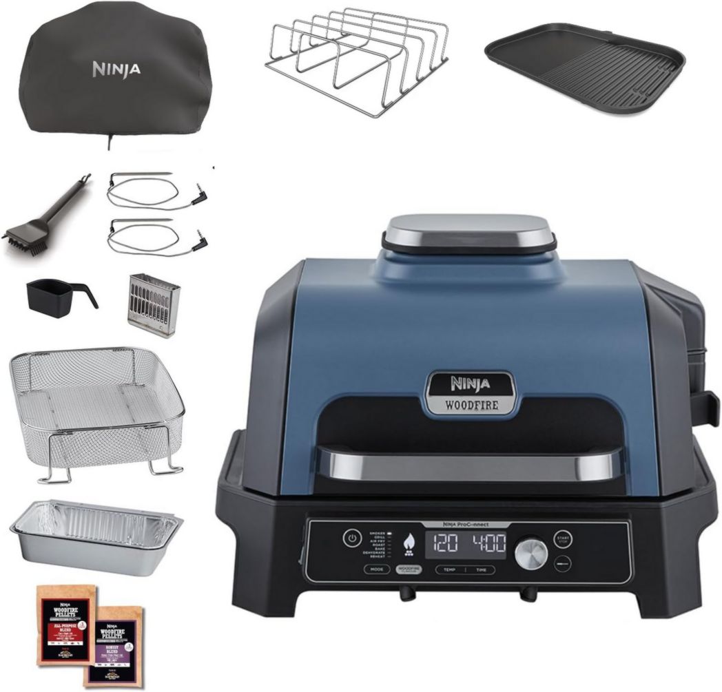 Barbecue et fumoir électrique Ninja Woodfire Pro XL avec thermomètre, barbecue d'extérieur 4 en 1 et friteuse à air avec système de cuisson intelligent et granulés de bois, portable, gris/noir, OG850EU