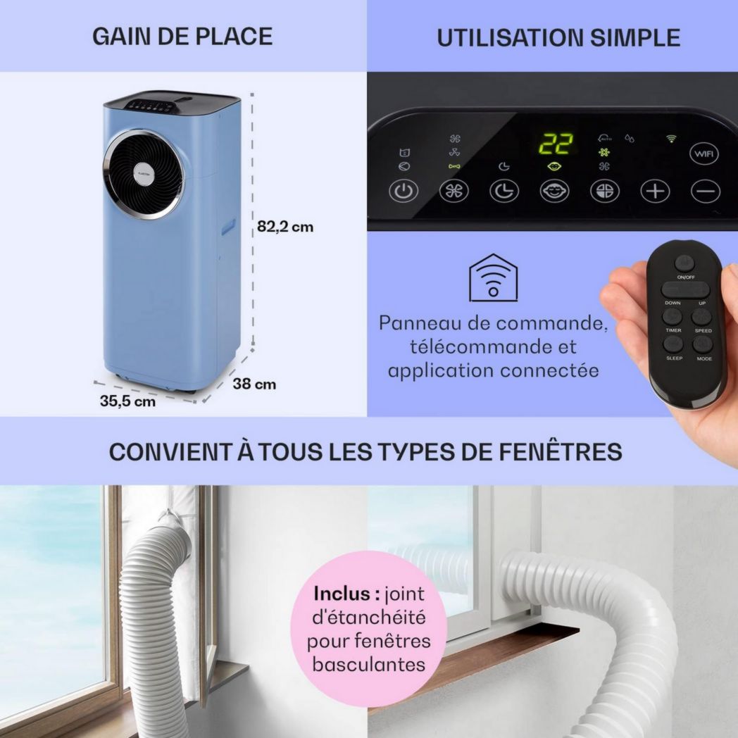 Climatiseur portable silencieux Klarstein, climatiseur portable 5 en 1, mini climatiseur, purificateur et éliminateur d'odeurs, mode nuit, déshumidificateur d'air, faible consommation, 10 000 BTU, climatiseurs