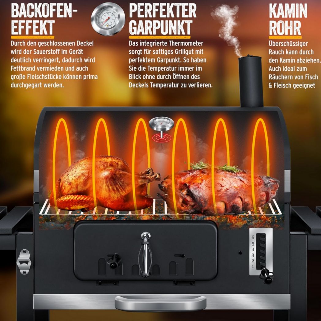 Chariot barbecue KESSER® | Barbecue à charbon XL avec couvercle, roulettes, poignée en acier inoxydable, grille et thermomètre | Grand barbecue à charbon