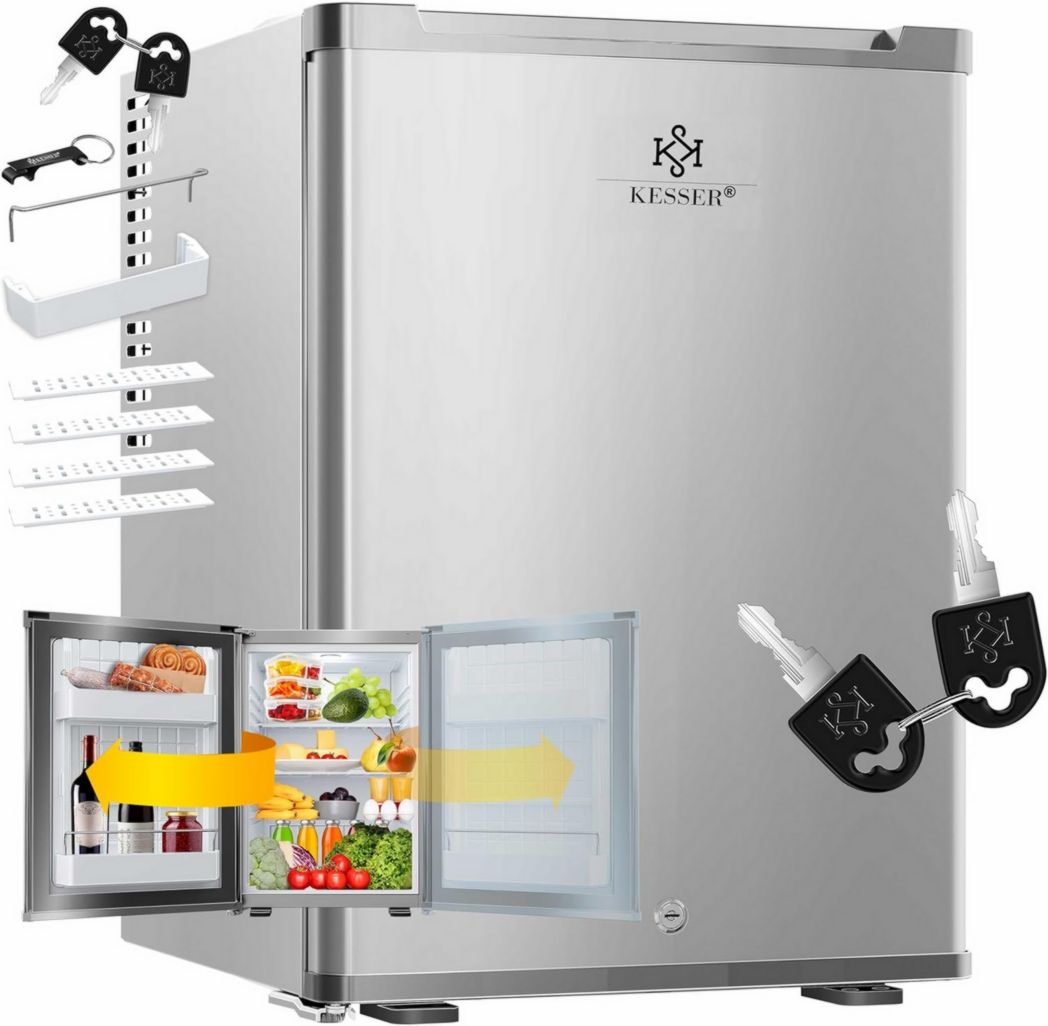 Mini-réfrigérateur KESSER® avec serrure, mini-bar 40 l, silencieux, 22 dB, verrouillable, chambre, butée de porte amovible, environ 4 à 16 °C, hauteur 57 cm, éclairage intérieur