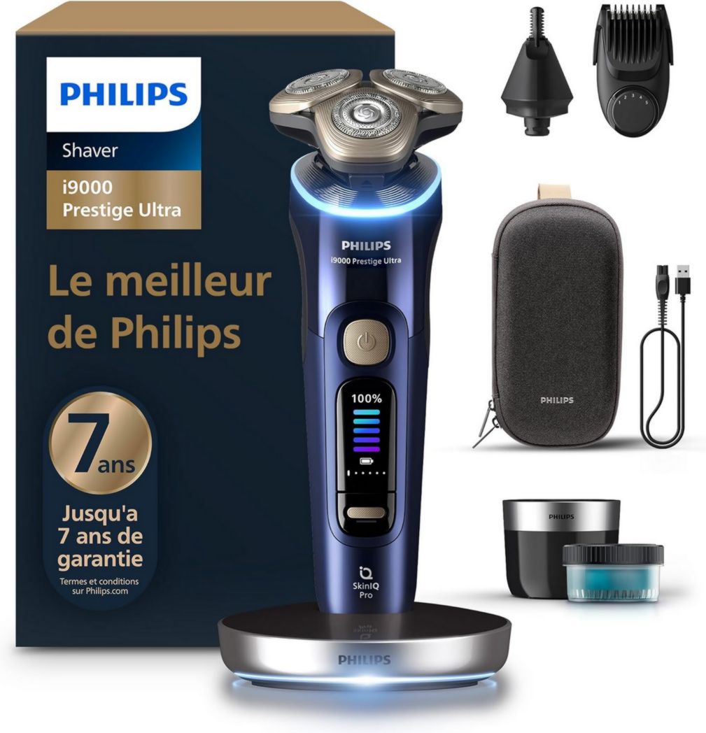 Rasoir Philips i9000 Prestige Ultra, rasoir électrique 100 % étanche, technologie Skin IQ Pro, système Triple Lift & Cut, lames de précision NanoTech rotatives à 360°, 5 modes de rasage, XP9401/38