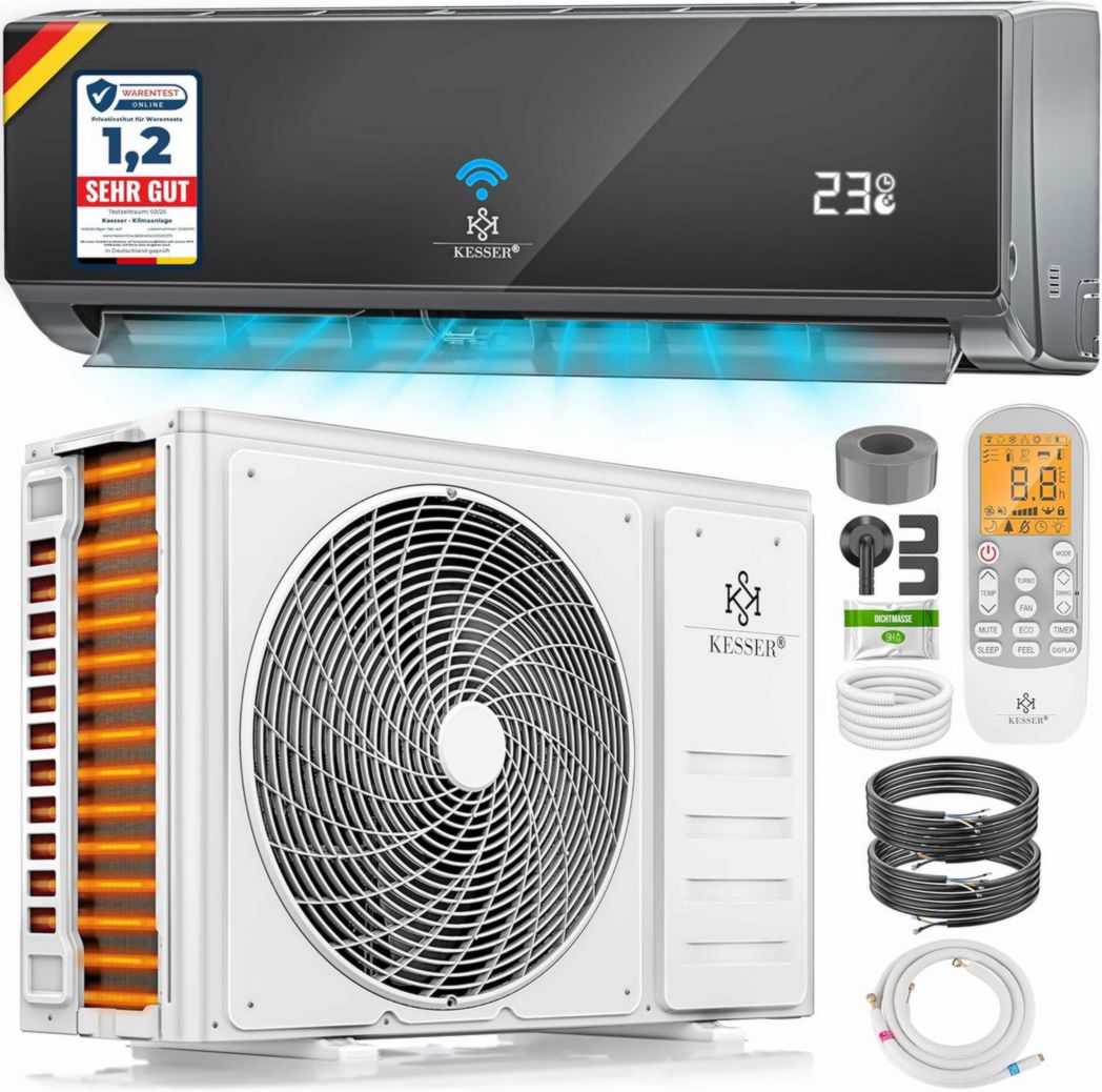 Climatiseur réversible KESSER® SET - Climatiseur avec fonction Wi-Fi/application - Refroidissement A++ / Chauffage A+, Réfrigérant R32 - Écran LCD, Split 12 000 BTU/h / 3 400 W - Anthracite