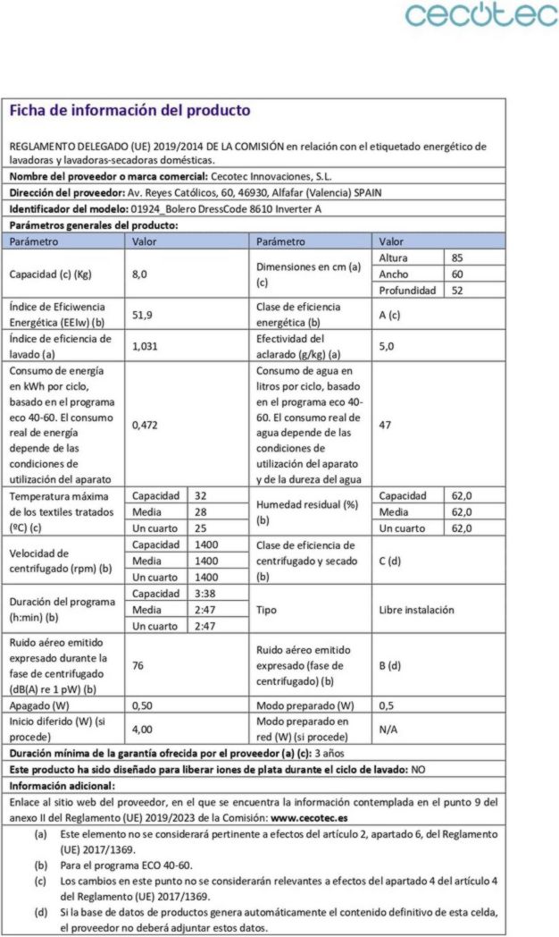 Lave-linge Cecotec 8 kg Bolero DressCode 8610 Inverter Steel A. Chargement frontal, 1400 tr/min, SteamMax, moteur Inverter Plus, 15 programmes, OnSmart, Stop&Go, DrumClean, revêtement antibactérien