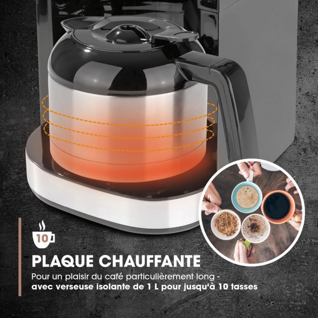 Cafetière filtre Barista avec verseuse isotherme de 1 L pour 12 tasses de café, machine à café à grains avec moulin et affichage numérique, fonction minuterie
