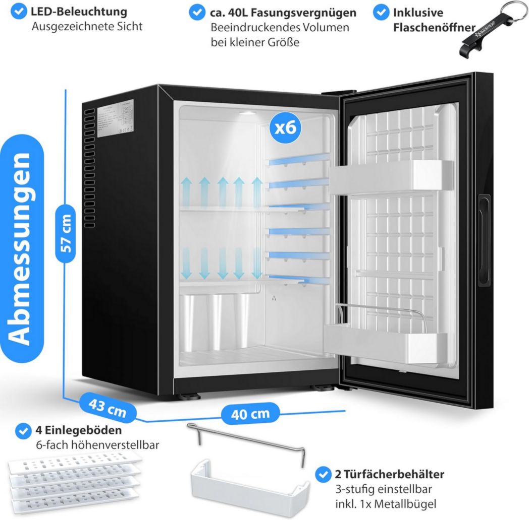 Mini-réfrigérateur KESSER® avec serrure, mini-bar 40 l, silencieux, 22 dB, verrouillable, chambre, butée de porte amovible, environ 4 à 16 °C, hauteur 57 cm, éclairage intérieur