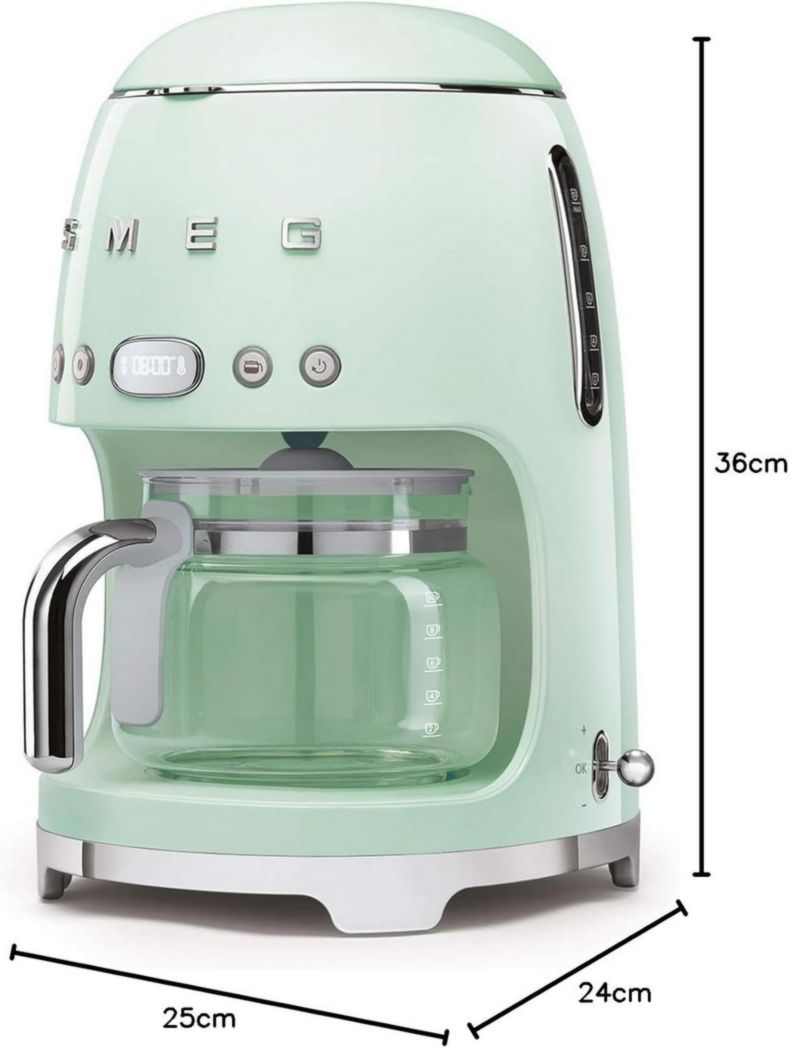 Smeg, DCF02PBEU, cafetière filtre, arôme et démarrage automatique, verseuse en verre jusqu'à 12 tasses, 2 niveaux d'intensité, maintien au chaud, 1050 W, bleu clair pastel