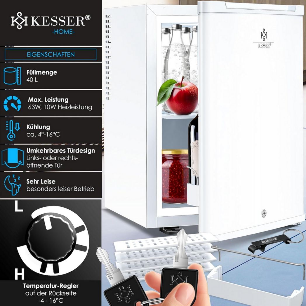 Mini-réfrigérateur KESSER® avec serrure, mini-bar 40 l, silencieux, 22 dB, verrouillable, chambre, butée de porte amovible, environ 4 à 16 °C, hauteur 57 cm, éclairage intérieur