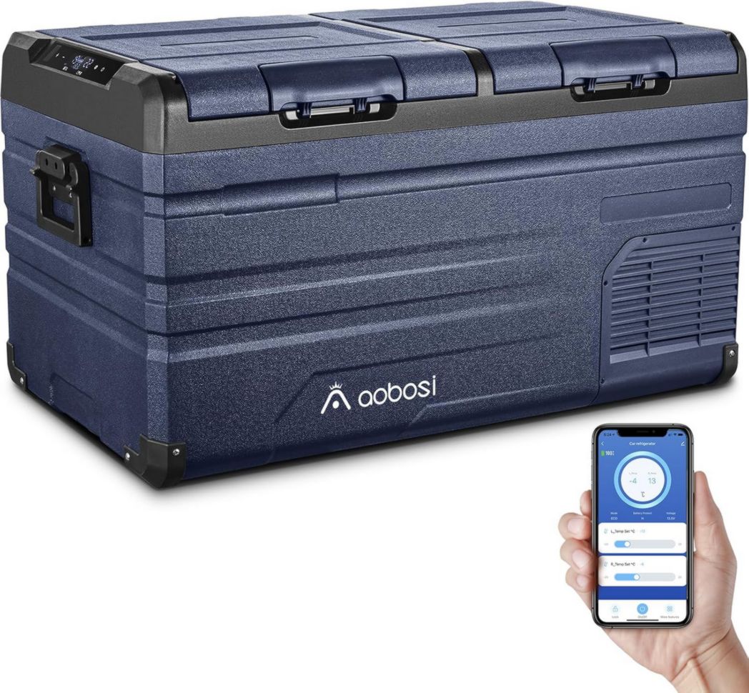 Glacière à compresseur AAOBOSI 46 L, glacière électrique à deux zones, 12 V/24 V et 100-240 V, réfrigérateur de camping, -20 °C à 20 °C, pour voiture, camion, bateau, camping-car