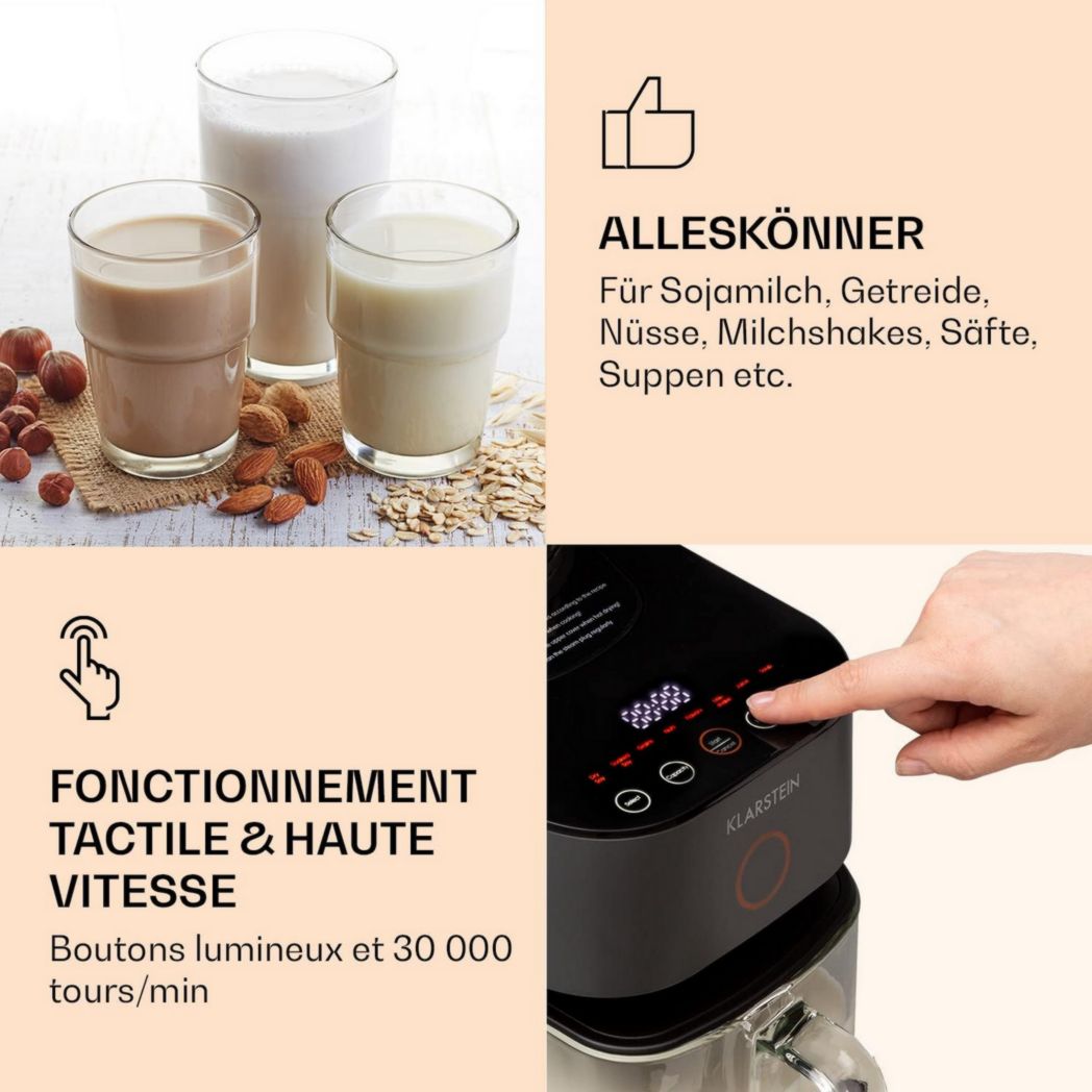 Klarstein Mixer, robot pâtissier de 300 et 1250 watts de puissance, pour préparer des laits végétaux et des smoothies avec technologie de chauffage à 360°, 30 000 tr/min, écran tactile, noir