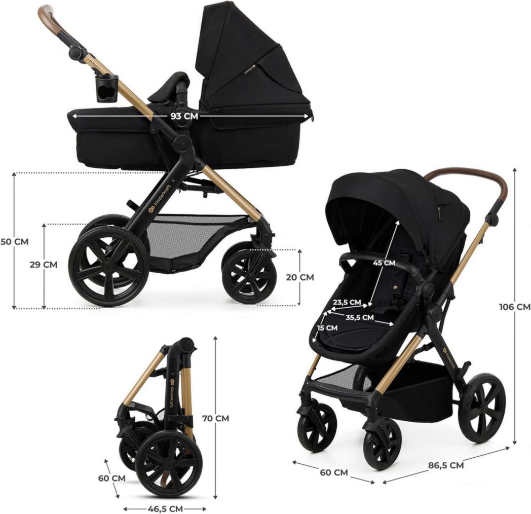 Poussette 3-en-1 Kinderkraft MOOV2, système de voyage de la naissance à 27 kg, siège auto Mink PRO I-Size inclus, pare-soleil extensible avec filtre UPF50+, accessoires pratiques, gris