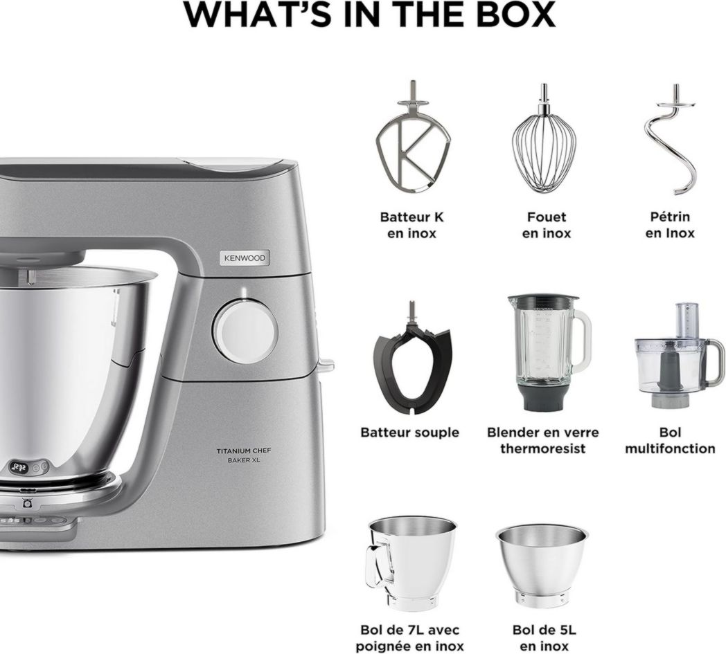 Robot pâtissier Kenwood Titanium Chef Baker XL, avec batteur K-Beater, crochet pétrisseur, fouet et bol de 7 litres, KVL85.424SI, 1 200 W, argent