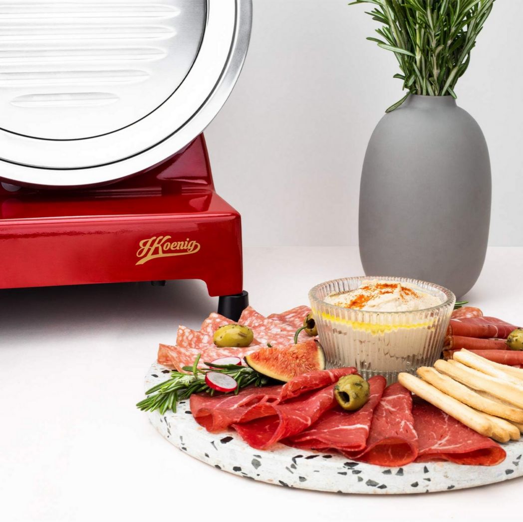 Trancheuse à viande électrique H.Koenig MSX254, Charcuterie, Professionnelle, Précise, Coupe 0-12 mm, Lame 25 cm, Aiguiseur intégré, Grand plateau, 282 tr/min, Rouge