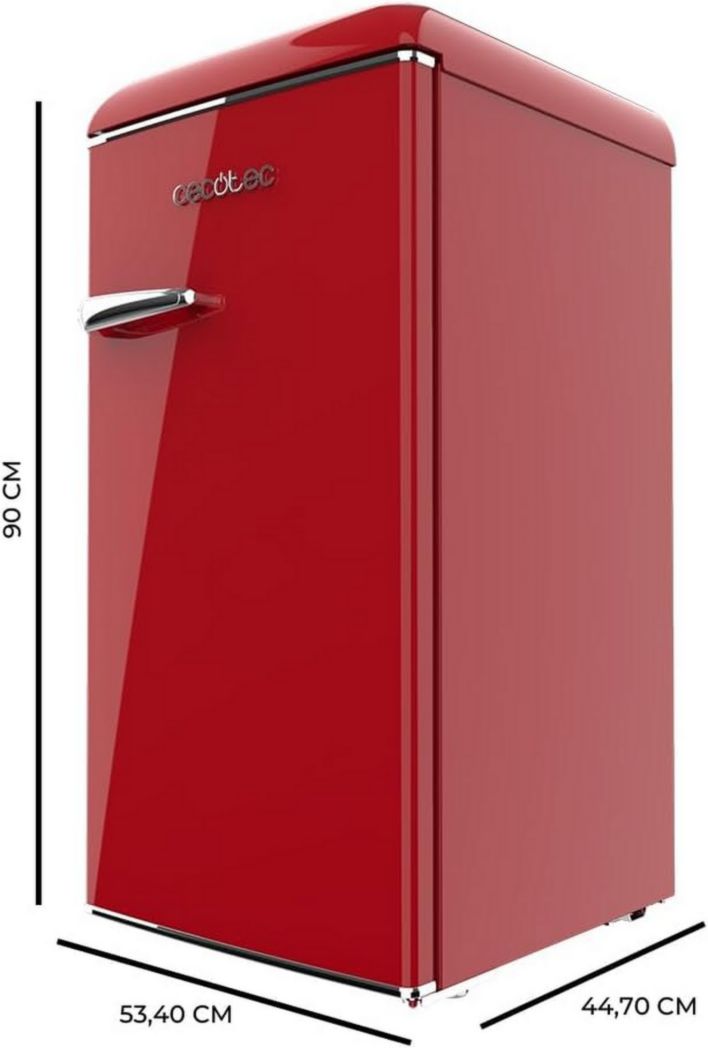 Mini-réfrigérateur Cecotec Bolero CoolMarket TT Origin 45 Rouge. Réfrigérateur de table rétro 45 L, 55 cm de haut, 44,7 cm de large, classe énergétique E, bac à glaçons et poignée chromée, rouge.