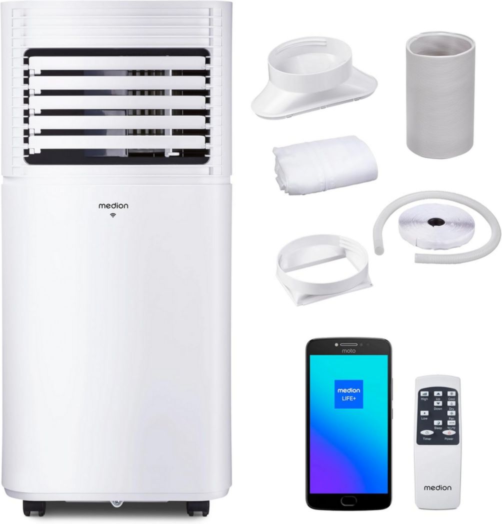 Climatiseur mobile intelligent MEDION P1002 (10 000 BTU, 3 en 1, refroidissement, déshumidification, ventilation, jusqu'à 34 m², kit de joint de fenêtre, mode veille, contrôle Wi-Fi, télécommande, écran, MD 37733)