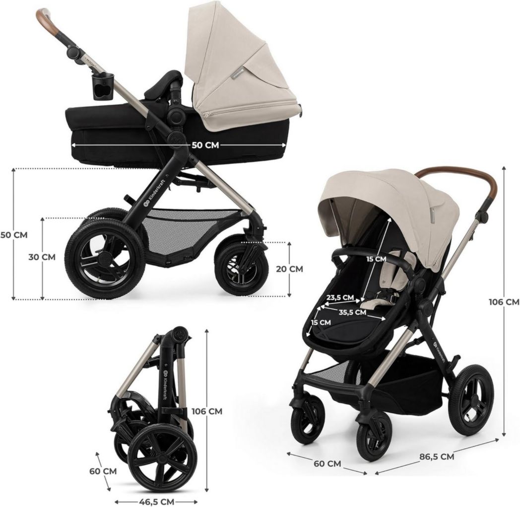 Poussette 3-en-1 Kinderkraft MOOV2, système de voyage de la naissance à 27 kg, siège auto Mink PRO I-Size inclus, pare-soleil extensible avec filtre UPF50+, accessoires pratiques, gris
