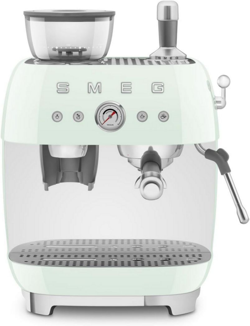 Machine à expresso manuelle Smeg EGF03CREU, avec moulin à grains intégré, thermoblock, 4 niveaux de température, buse vapeur et manomètre, réservoir 1 L, dimensions compactes, 1350 W, couleur crème