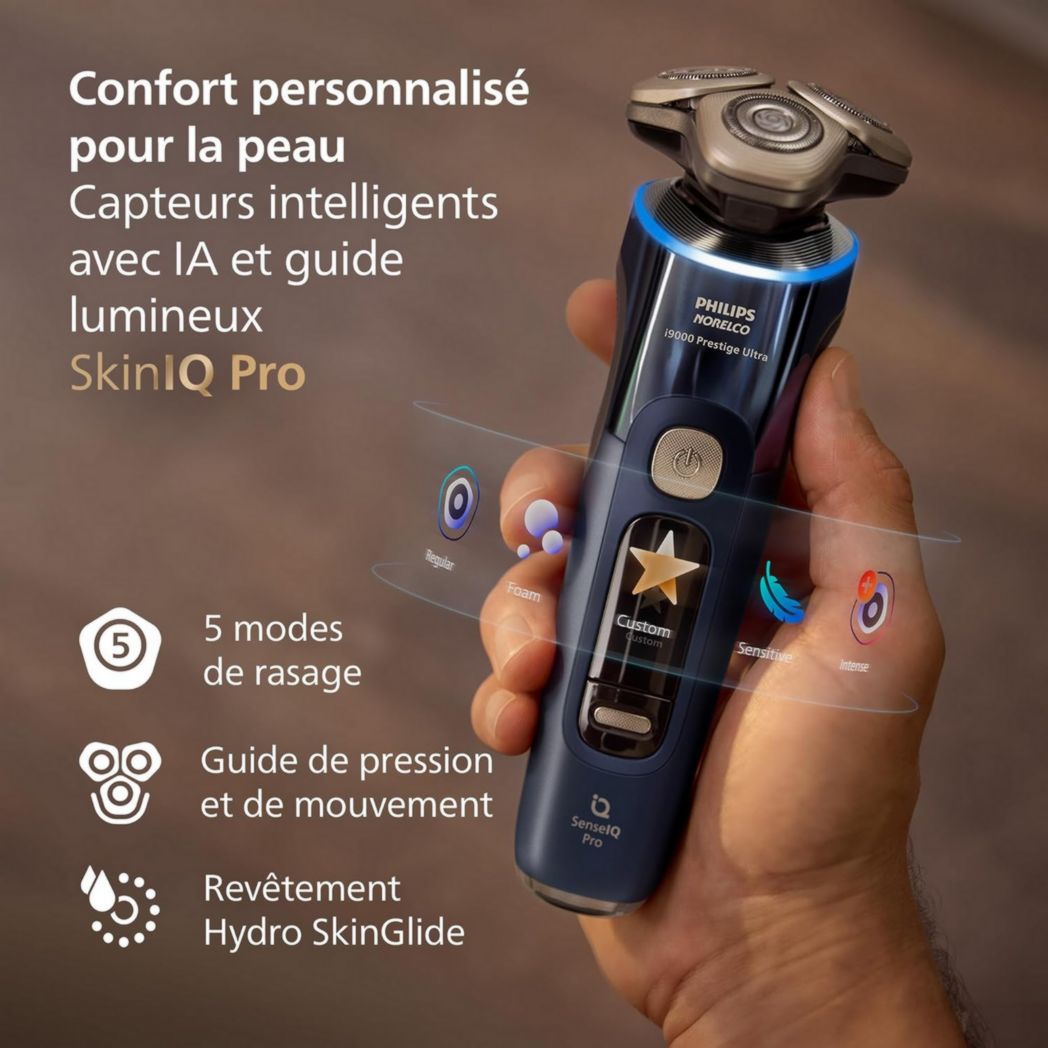 Rasoir Philips i9000 Prestige Ultra, rasoir électrique 100 % étanche, technologie Skin IQ Pro, système Triple Lift & Cut, lames de précision NanoTech rotatives à 360°, 5 modes de rasage, XP9401/38