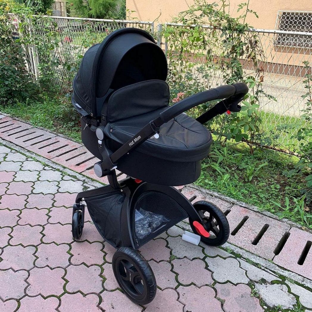Poussette classique Hot Mom Combi 3 en 1, ensemble complet, cadre en aluminium, pneus en caoutchouc plein, protection contre la pluie et moustiquaire, modèle F22 (noir-3, avec siège auto)