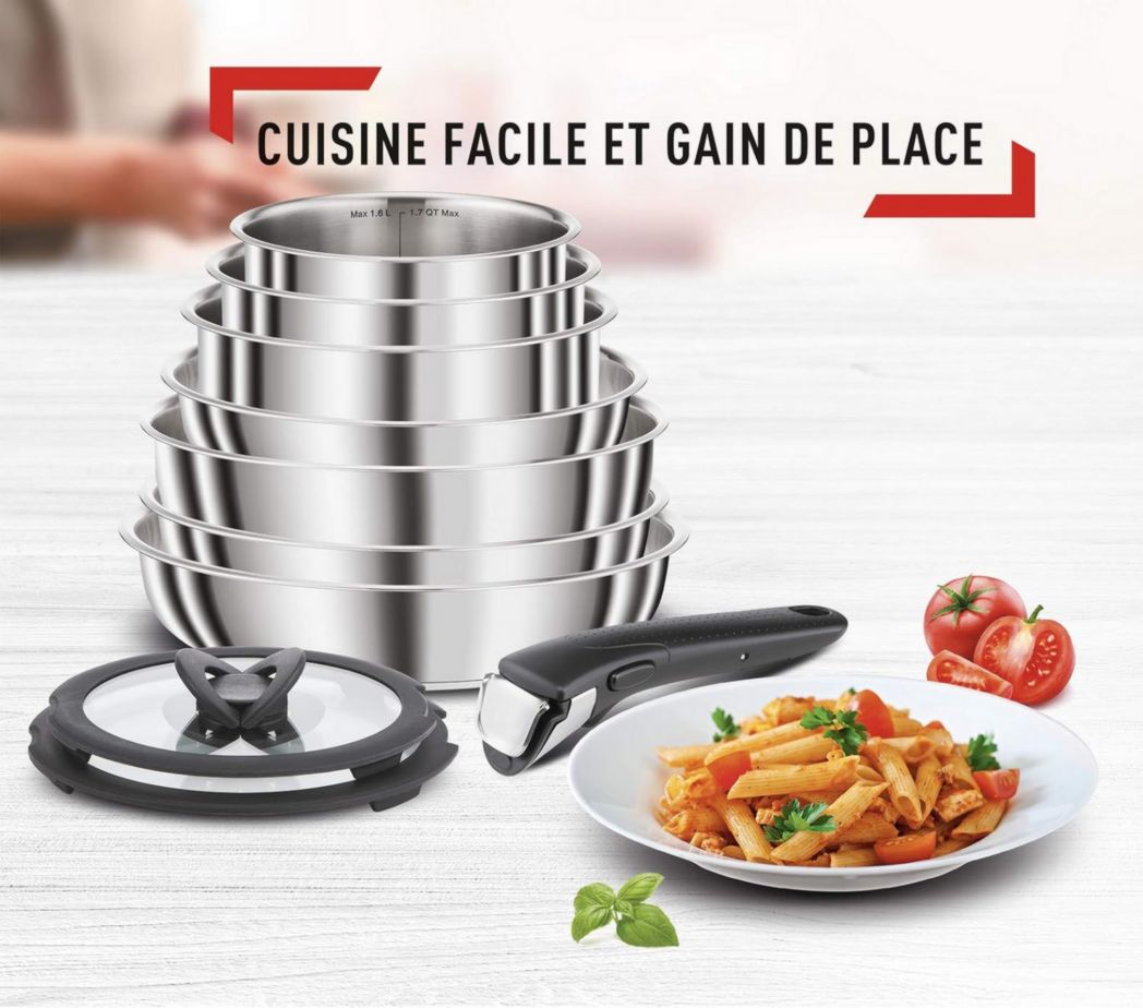 Batterie de cuisine Seb Compact Inox 10 pièces, Induction, poêles 22/24/26 cm, casseroles 16/18/20 cm, sauteuse 24 cm, couvercles 18/20 cm, 1 poignée L953SA04, Noir, argent, ‎35,4 x 35,29 x 26,8 cm