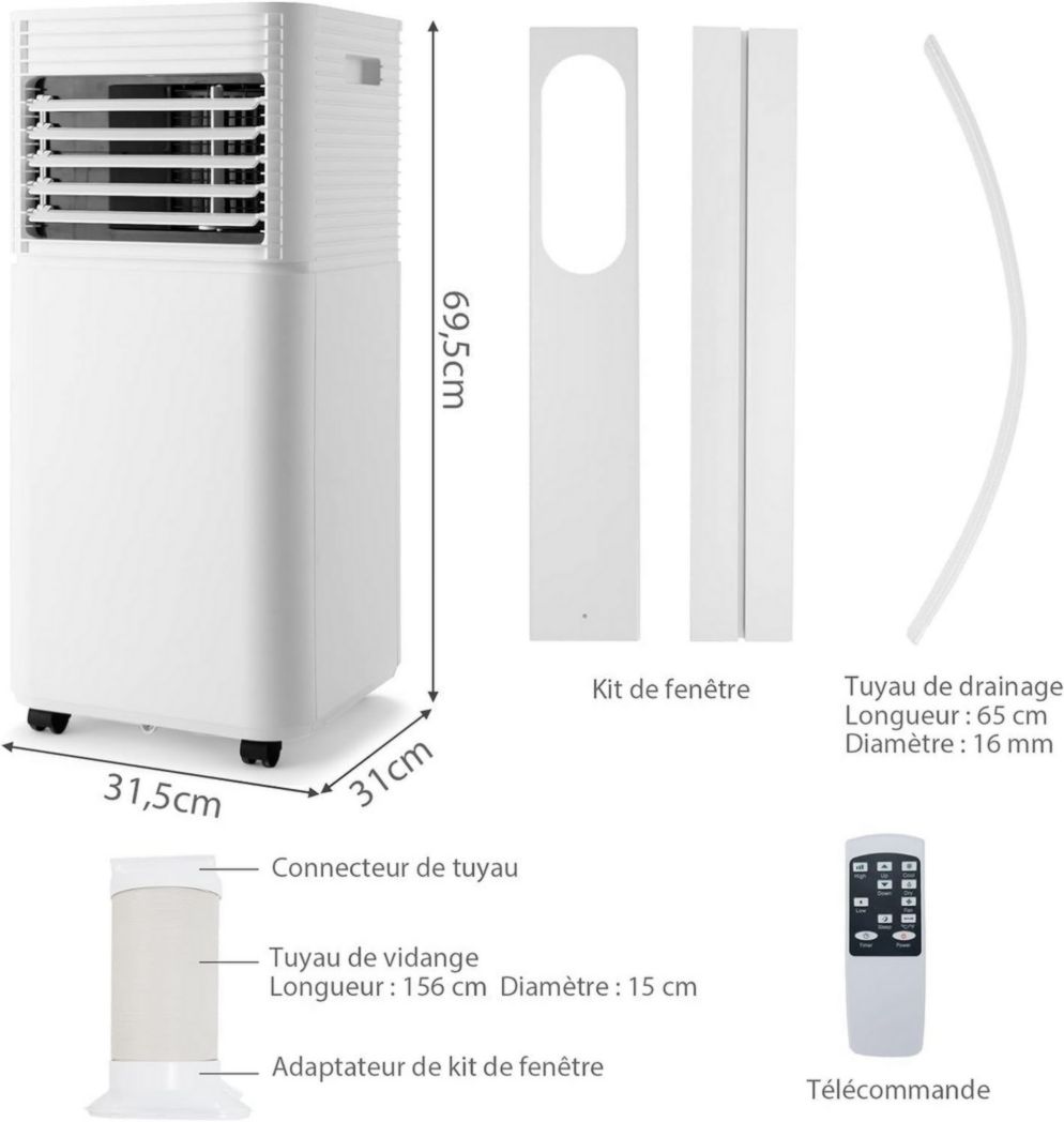 Climatiseur portable GOPLUS 9000 BTU 2,6 kW, 4 en 1, refroidissement, déshumidification, ventilateur, mode nuit, minuterie 24 h, télécommande/écran, 20 ㎡, noir, R290