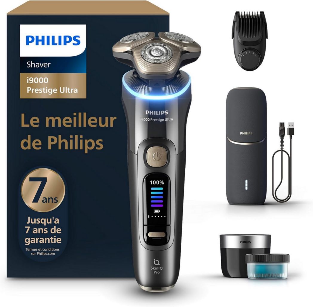 Rasoir Philips i9000 Prestige Ultra, rasoir électrique 100 % étanche, technologie Skin IQ Pro, système Triple Lift & Cut, lames de précision NanoTech rotatives à 360°, 5 modes de rasage, XP9401/38