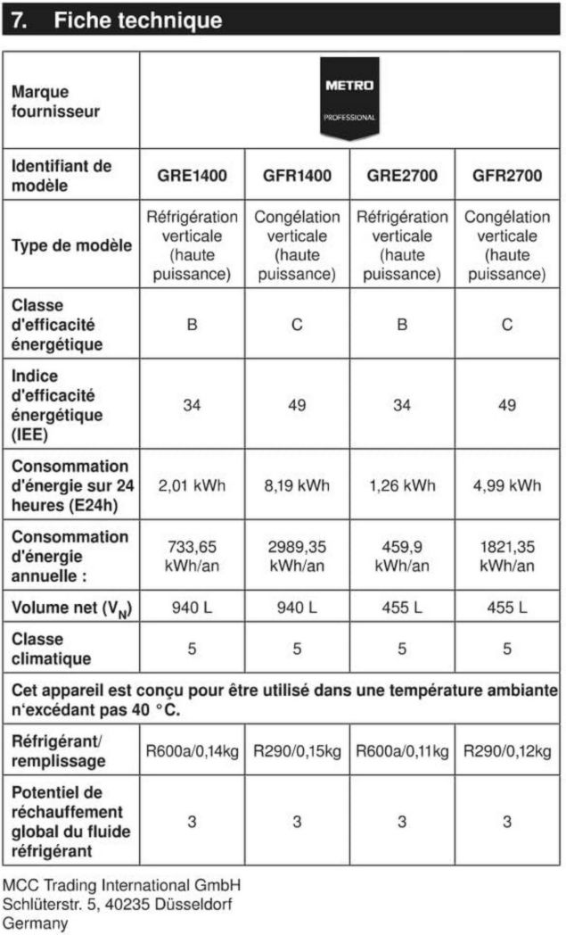 Armoire réfrigérée négative professionnelle METRO GFR1400, 131,4 x 80,5 x 206,5 cm, 940 L, refroidissement ventilé, 980 W, avec serrure, argent, réfrigérateur, congélateur, 2 portes, côte à côte