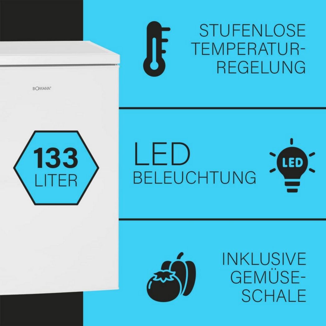 Réfrigérateur Bomann 133L blanc VS2195-1-blanc, Capacité nette : 133 litres, Éclairage intérieur LED, Contrôle continu de la température, 3 clayettes en verre