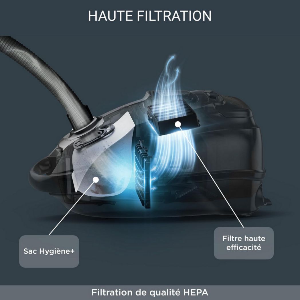 Aspirateur avec sac ROWENTA Silence Force Effitech, silencieux 57 dB(A), faible consommation, haute filtration, portée 12 m, fabriqué en France RO7451EA, bleu