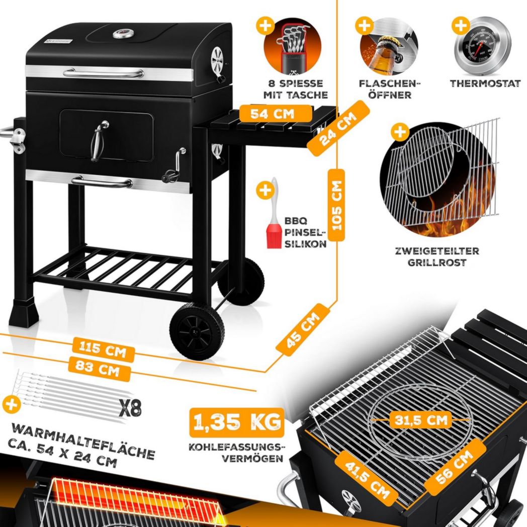 Chariot barbecue KESSER® | Barbecue à charbon XL avec couvercle, roulettes, poignée en acier inoxydable, grille et thermomètre | Grand barbecue à charbon