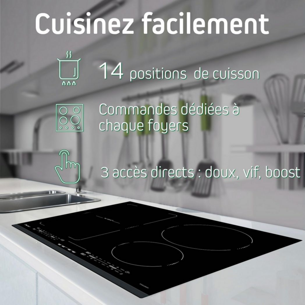 Sauter - SPI4360W - Plaque à induction - Encastrable - Blanc - 3 feux - 7200 W - Dimensions d'encastrement : 56 x 49 cm - Grand foyer 28 cm et 14 positions de cuisson - Fabriqué en France