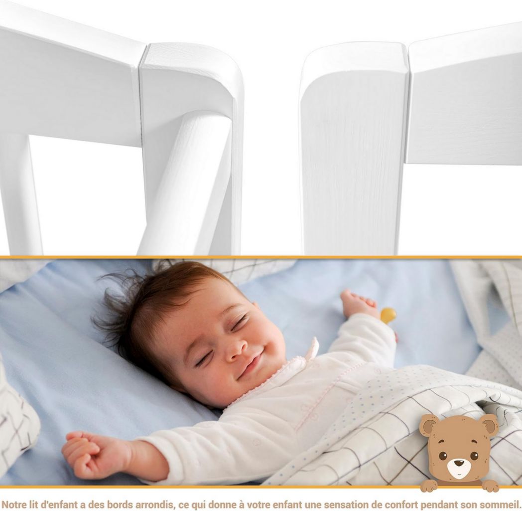 Lit bébé moto-MOLTICO 60x120 cm avec tiroir – Lit en bois réglable en hauteur, transformable en lit enfant avec barrières de sécurité – Lit bébé pour filles et garçons