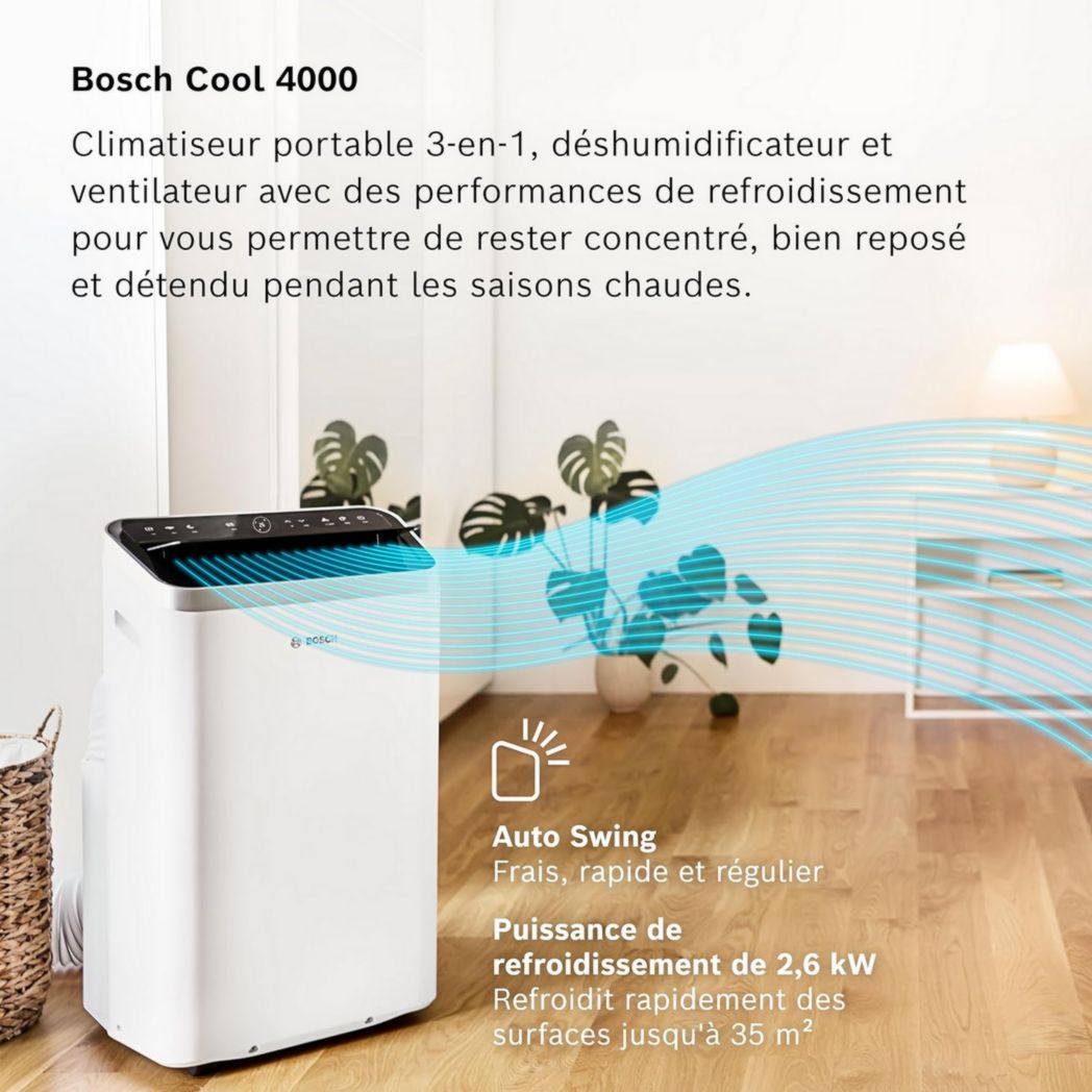 Climatiseur portable Bosch Cool 2000 - 3 en 1 : climatiseur, déshumidificateur, ventilateur - 2,6 kW PAC pour pièces jusqu'à 35 m² - Avec modes automatique, silencieux et veille