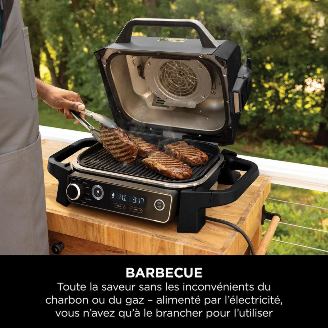 Barbecue et fumoir électrique Ninja Woodfire Pro XL avec thermomètre, barbecue d'extérieur 4 en 1 et friteuse à air avec système de cuisson intelligent et granulés de bois, portable, gris/noir, OG850EU