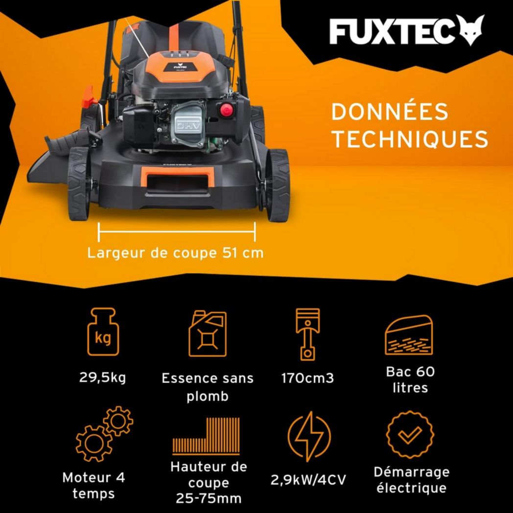 Tondeuse thermique autotractée FUXTEC FX-RM5170eS, démarrage électrique, 4 po 1, 170 cm³, 4 CV | 4 temps | Largeur 51 cm, hauteur de coupe 7 positions, bac de ramassage 60 L, fonction mulching, éjection latérale