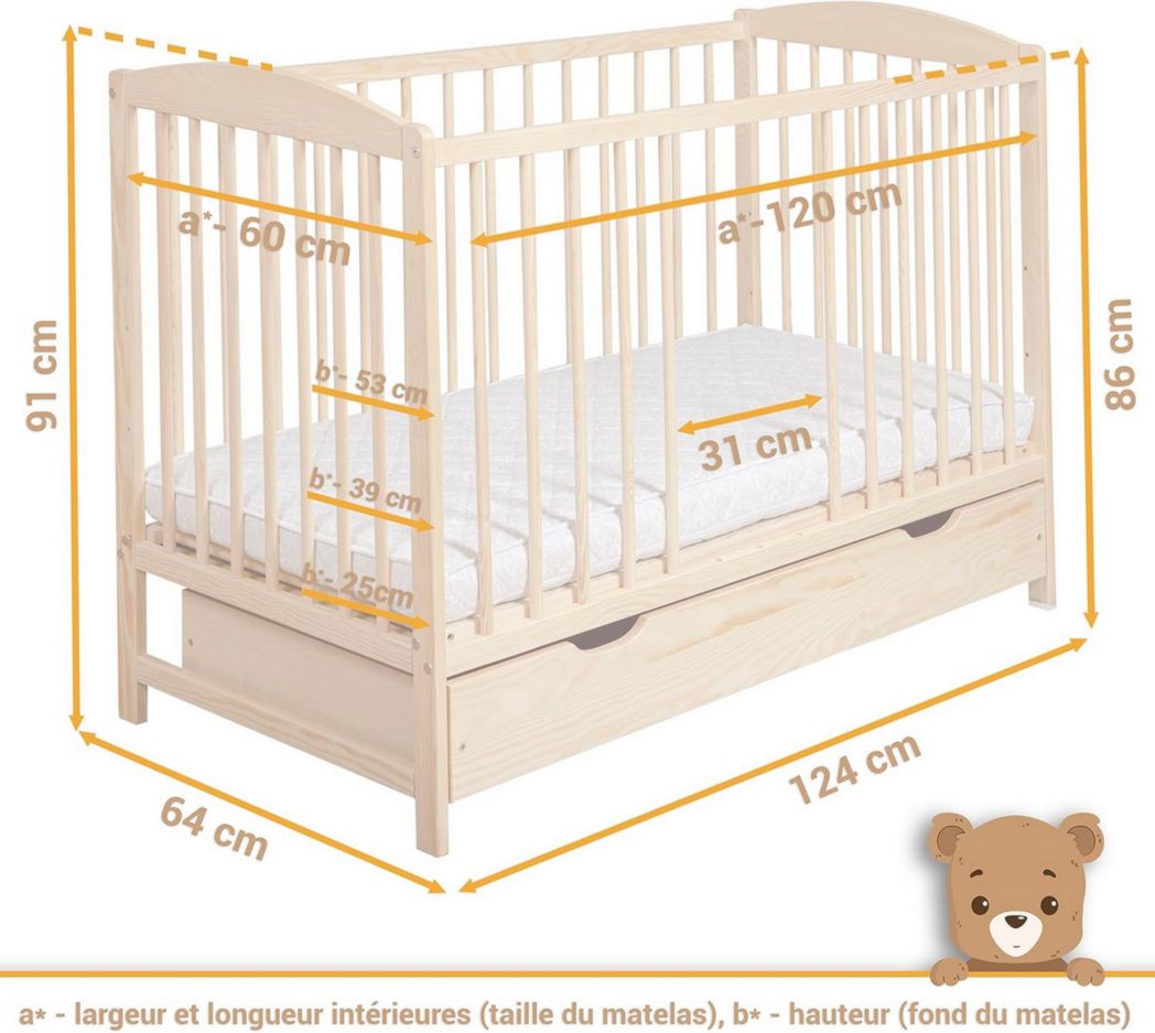Lit bébé moto-MOLTICO 60x120 cm avec tiroir – Lit en bois réglable en hauteur, transformable en lit enfant avec barrières de sécurité – Lit bébé pour filles et garçons