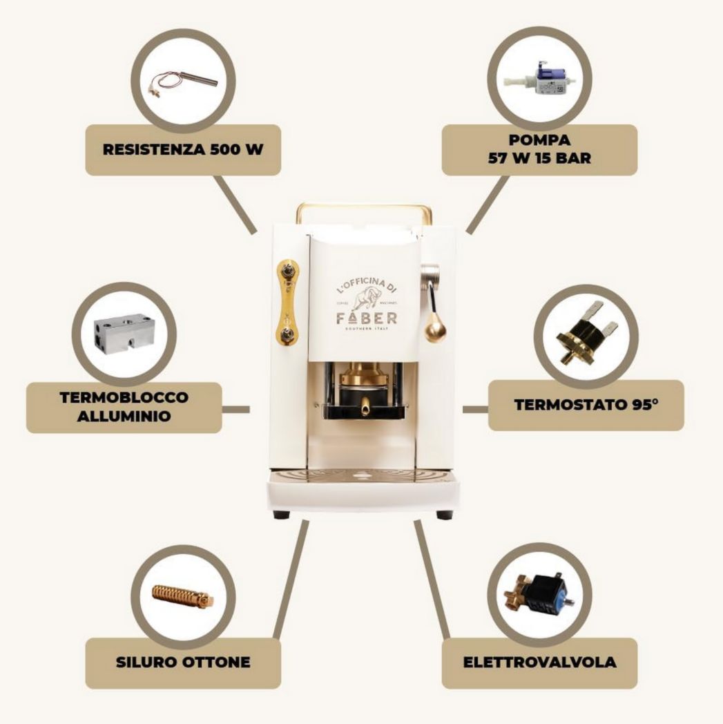 Machines à café Faber | Modèle Pro Total Inox Deluxe | Machine à café à dosettes 44 mm | Pressostat réglable en laiton | Électrovanne standard (laiton)