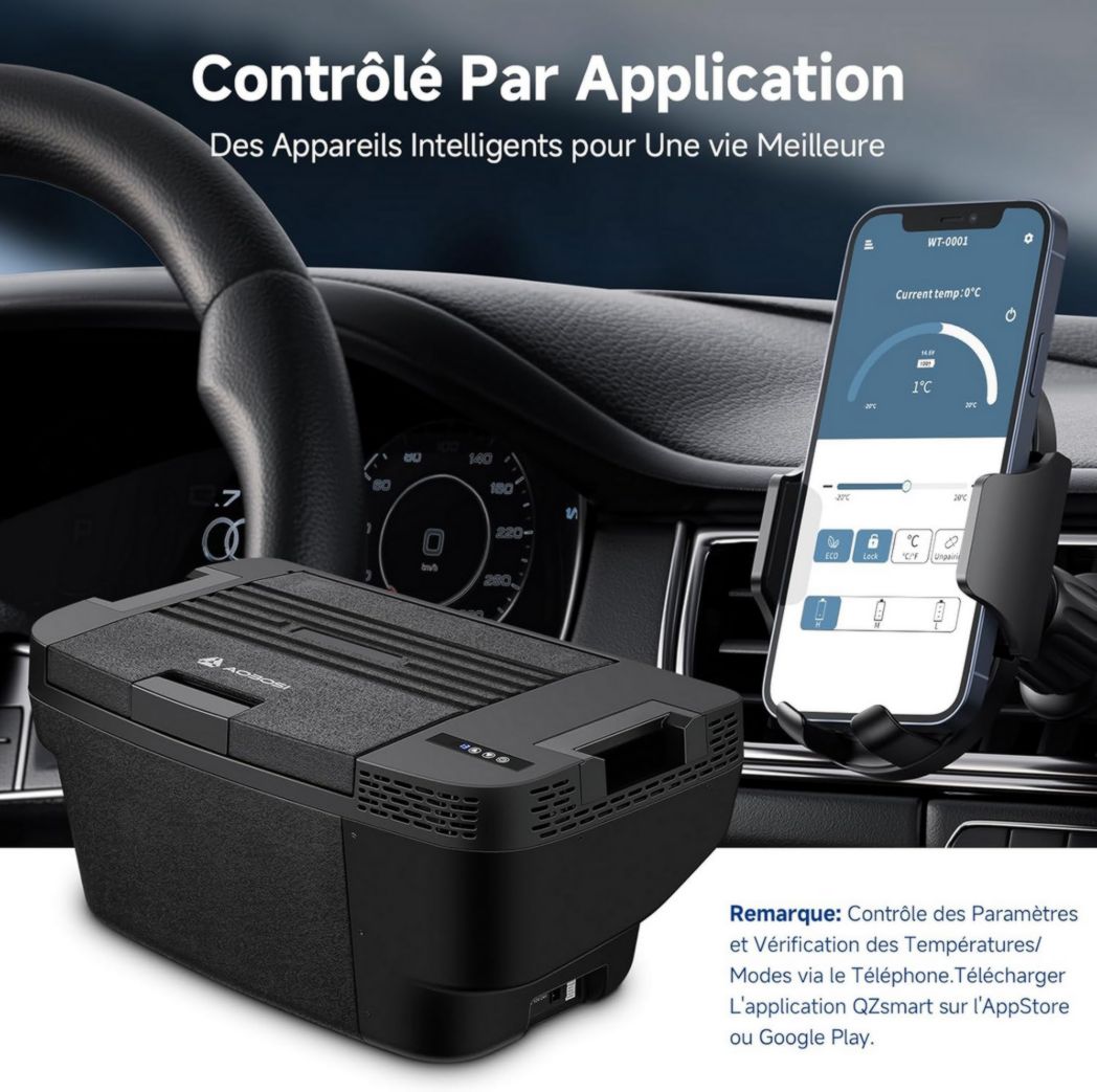 Glacière à compresseur AAOBOSI 46 L, glacière électrique à deux zones, 12 V/24 V et 100-240 V, réfrigérateur de camping, -20 °C à 20 °C, pour voiture, camion, bateau, camping-car