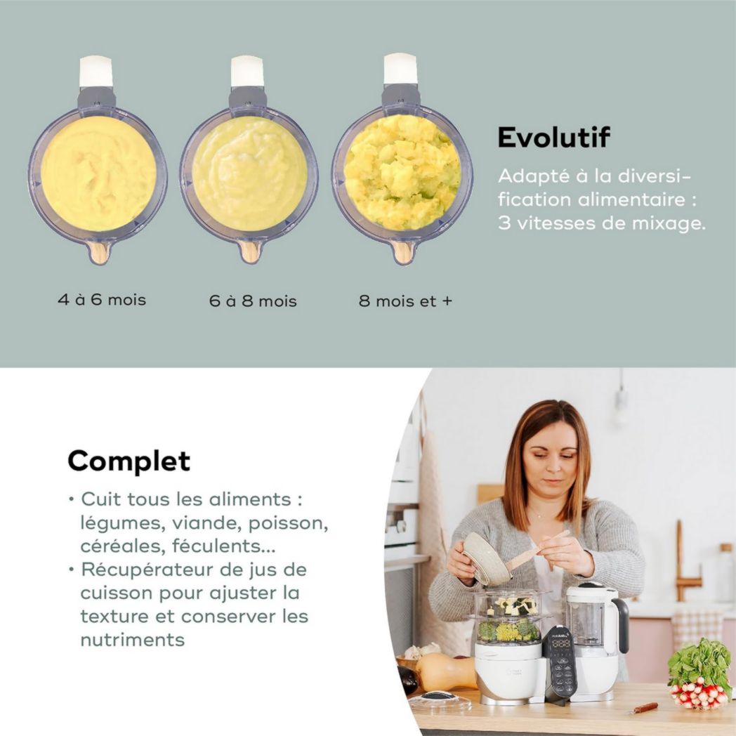 Babymoov Nutribaby(+), Robot cuiseur multifonction 6 en 1 pour bébé, cuiseur vapeur, grande capacité 2,2 L, petits pots maison, idéal pour diversifier les repas, vert opale