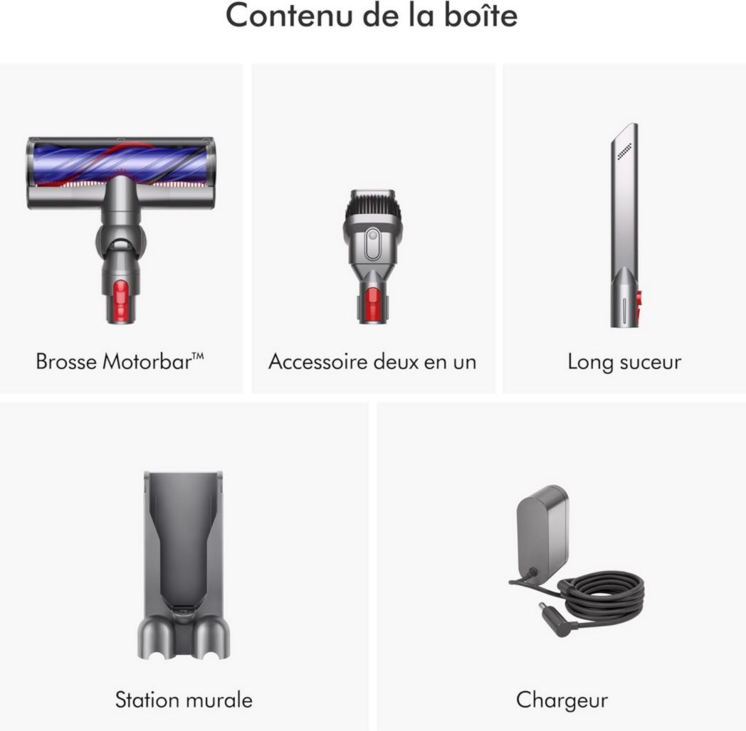 Aspirateur-balai sans fil Dyson V8 Advanced™ – 130 AW, autonomie de 40 min, brosse motorisée auto-démêlante, accessoires combinés, station d'accueil murale, argent/nickel