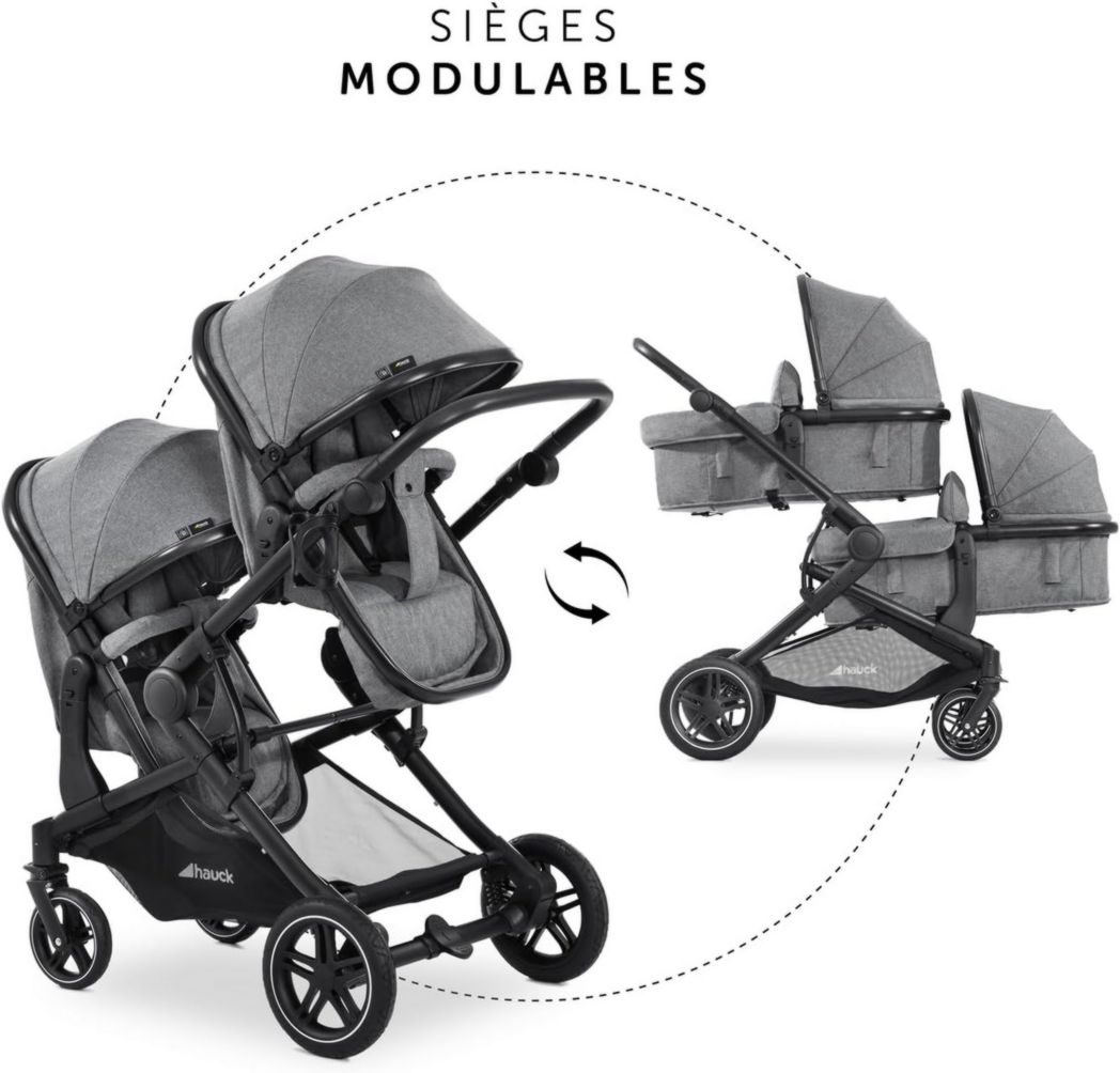 Poussette double Hauck Atlantic Twin - Tandem pour 2 enfants avec nacelles et sièges 2 en 1 - Gris chiné