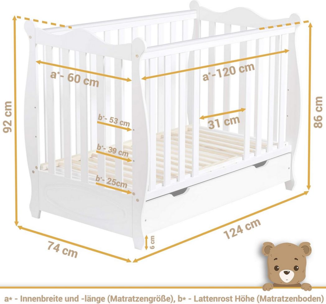 Lit bébé moto-MOLTICO 60x120 cm avec tiroir – Lit en bois réglable en hauteur, transformable en lit enfant avec barrières de sécurité – Lit bébé pour filles et garçons