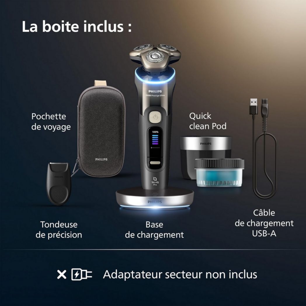 Rasoir Philips i9000 Prestige Ultra, rasoir électrique 100 % étanche, technologie Skin IQ Pro, système Triple Lift & Cut, lames de précision NanoTech rotatives à 360°, 5 modes de rasage, XP9401/38