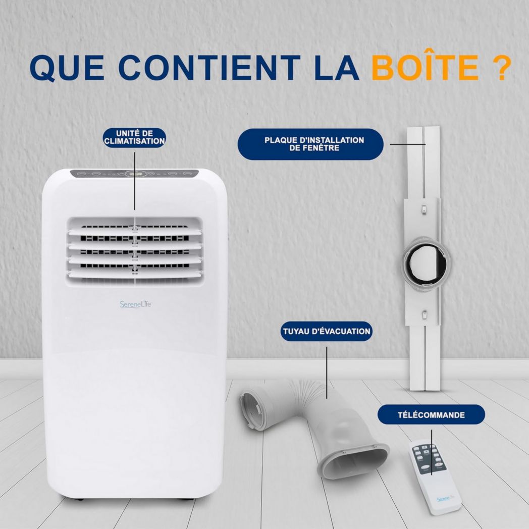 Climatiseur portatif silencieux SereneLife, 9 000 BTU, 3 en 1, avec déshumidificateur intégré, mode ventilateur, télécommande, kit d'extraction complet pour fenêtre, blanc