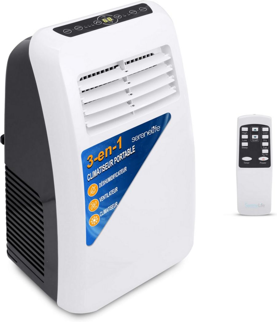 Climatiseur portatif silencieux SereneLife, 9 000 BTU, 3 en 1, avec déshumidificateur intégré, mode ventilateur, télécommande, kit d'extraction complet pour fenêtre, blanc