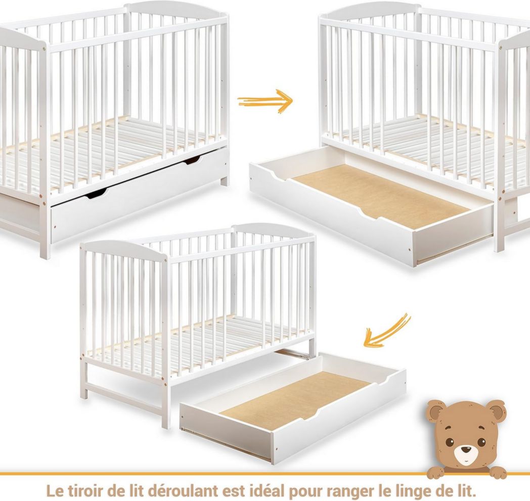 Lit bébé moto-MOLTICO 60x120 cm avec tiroir – Lit en bois réglable en hauteur, transformable en lit enfant avec barrières de sécurité – Lit bébé pour filles et garçons