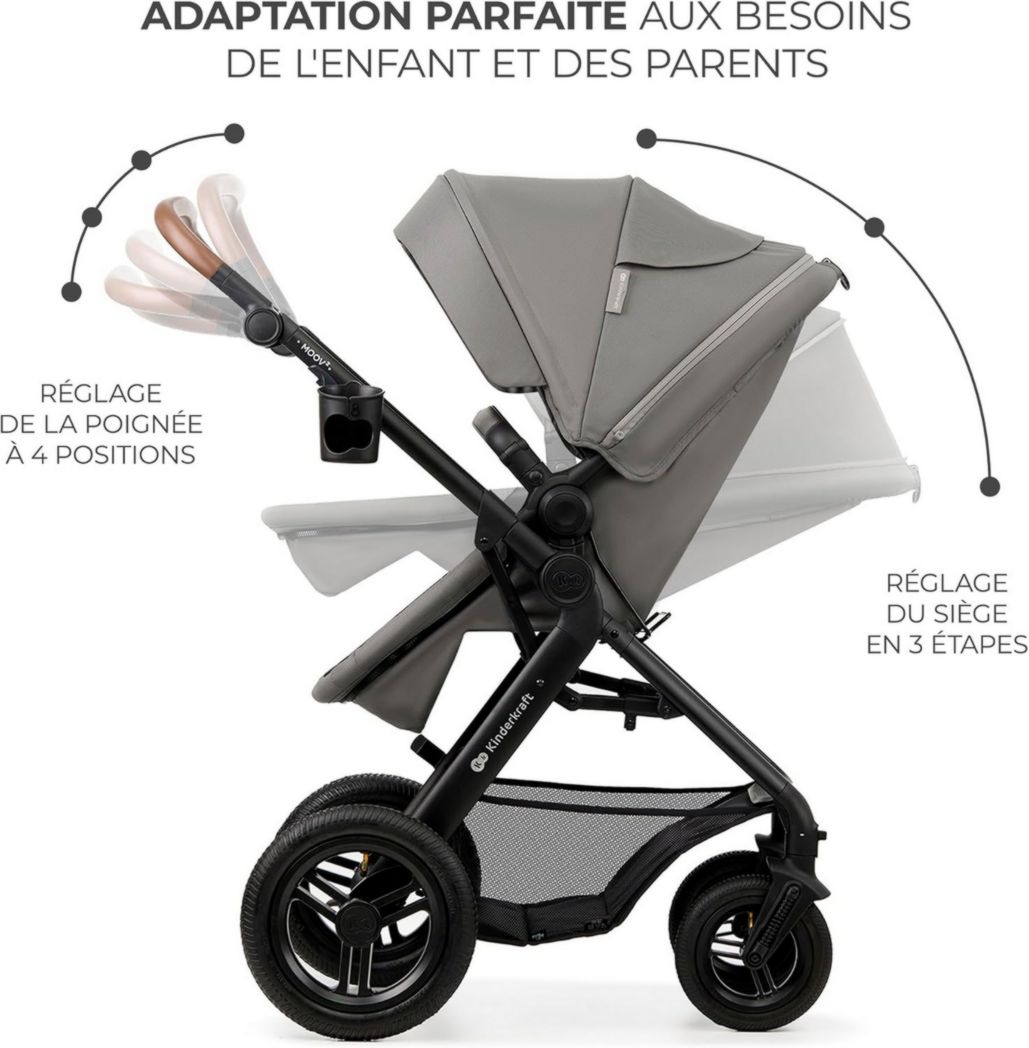 Poussette 3-en-1 Kinderkraft MOOV2, système de voyage de la naissance à 27 kg, siège auto Mink PRO I-Size inclus, pare-soleil extensible avec filtre UPF50+, accessoires pratiques, gris