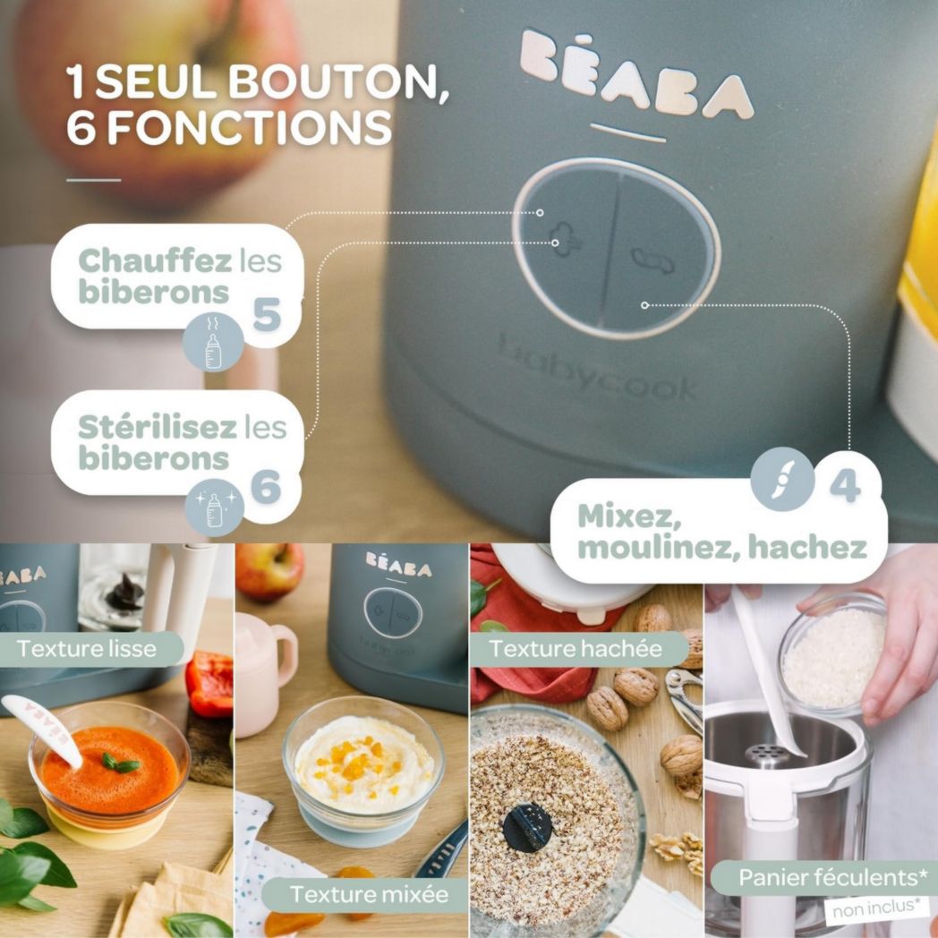 BÉABA, Babycook Néo, Mixeur et Cuiseur Vapeur 6 en 1, Robot Cuiseur Bébé Fabriqué en France, Bol en Verre, Cuve en Inox, Grande Capacité, Diversification des Aliments, Petits Pots Bébé Maison, Rapide, Eucalyptus