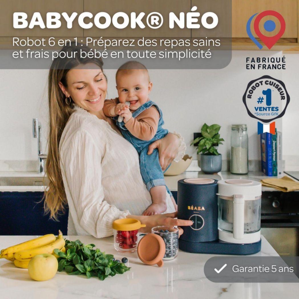BÉABA, Babycook Néo, Mixeur et Cuiseur Vapeur 6 en 1, Robot Cuiseur Bébé Fabriqué en France, Bol en Verre, Cuve en Inox, Grande Capacité, Diversification des Aliments, Petits Pots Bébé Maison, Rapide, Eucalyptus